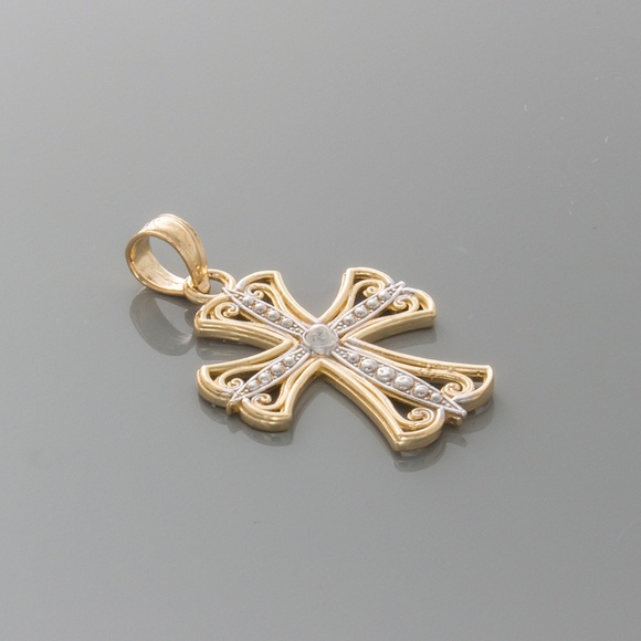 14k Two-tone Gold Religious White Cross Yellow Frame Necklace Charm w Chain - Picture 5 of 9